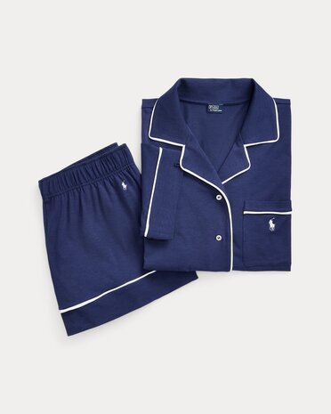 Jersey pyjamashort Ralph Lauren blauw met witte bies
