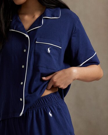 Jersey pyjamashort Ralph Lauren blauw met witte bies