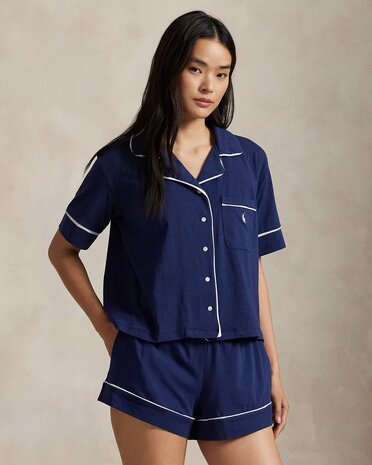 Jersey pyjamashort Ralph Lauren blauw met witte bies
